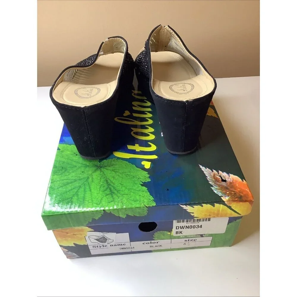 Italina Size 61/2 DW3098 Black High Wedge Embellished Slip On Sandals, Preloved